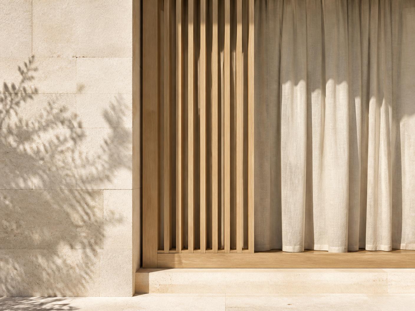 Limestone wall, oak screen and linen curtain in Mediterranean sunlight
