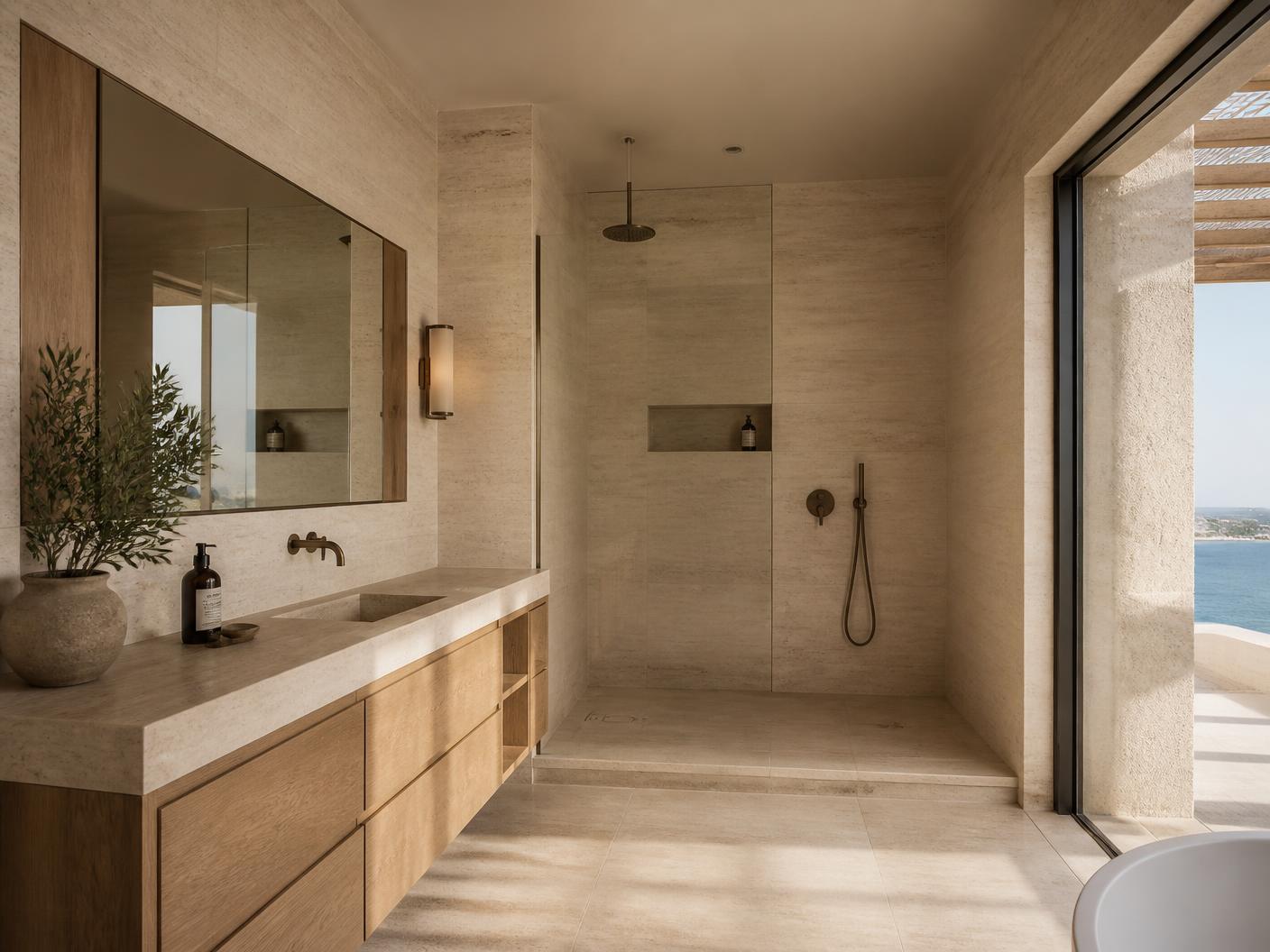 Bright bathroom with travertine, oak and a view of the Adriatic Sea
