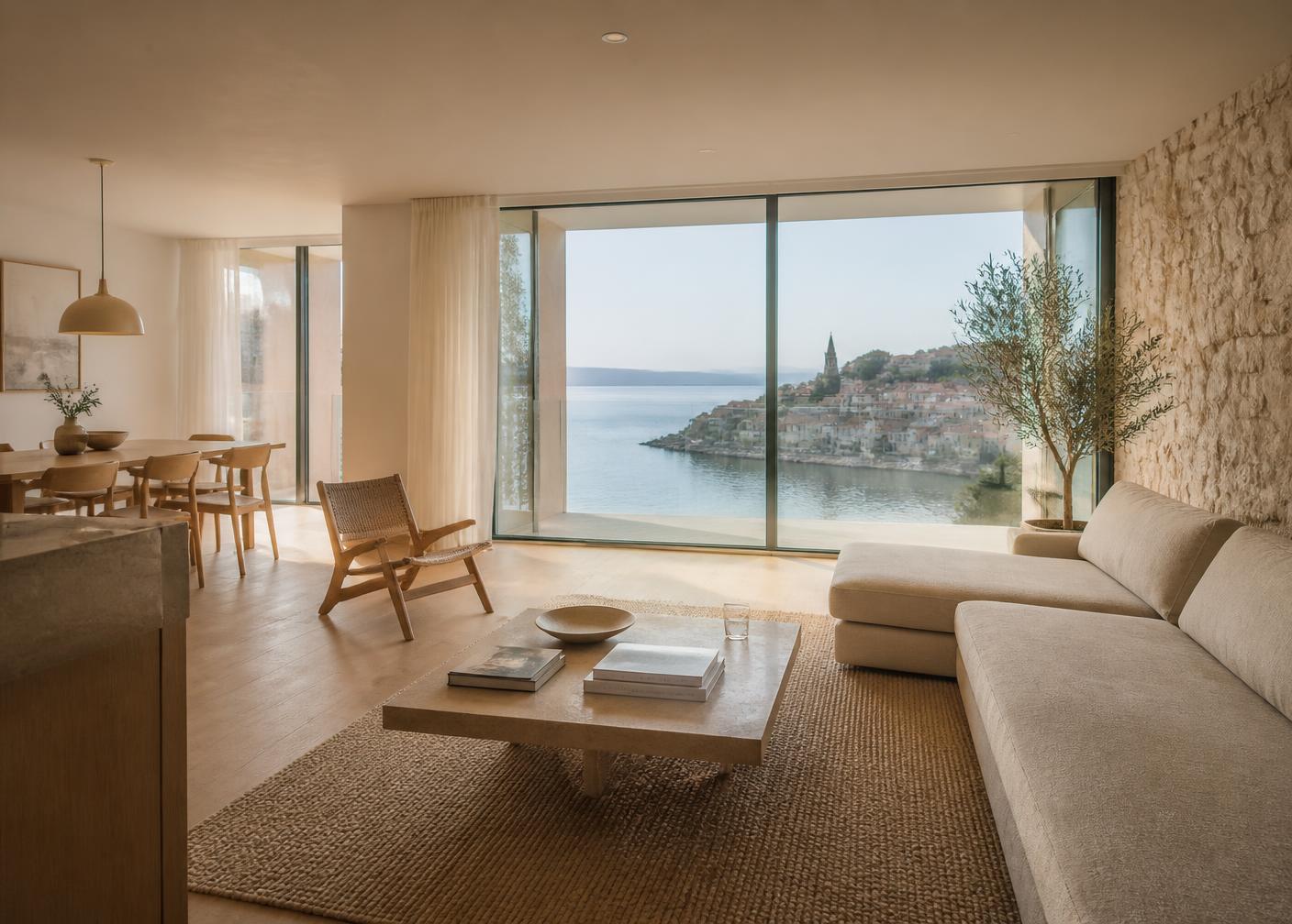 Warm minimal Scandinavian living room in a Croatian coastal residence with sea views