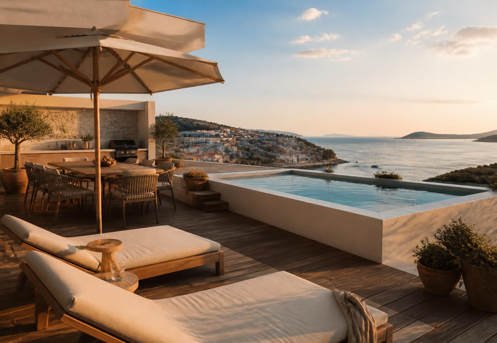Selma 2 private rooftop terrace with plunge pool and teak loungers above the Adriatic at sunset