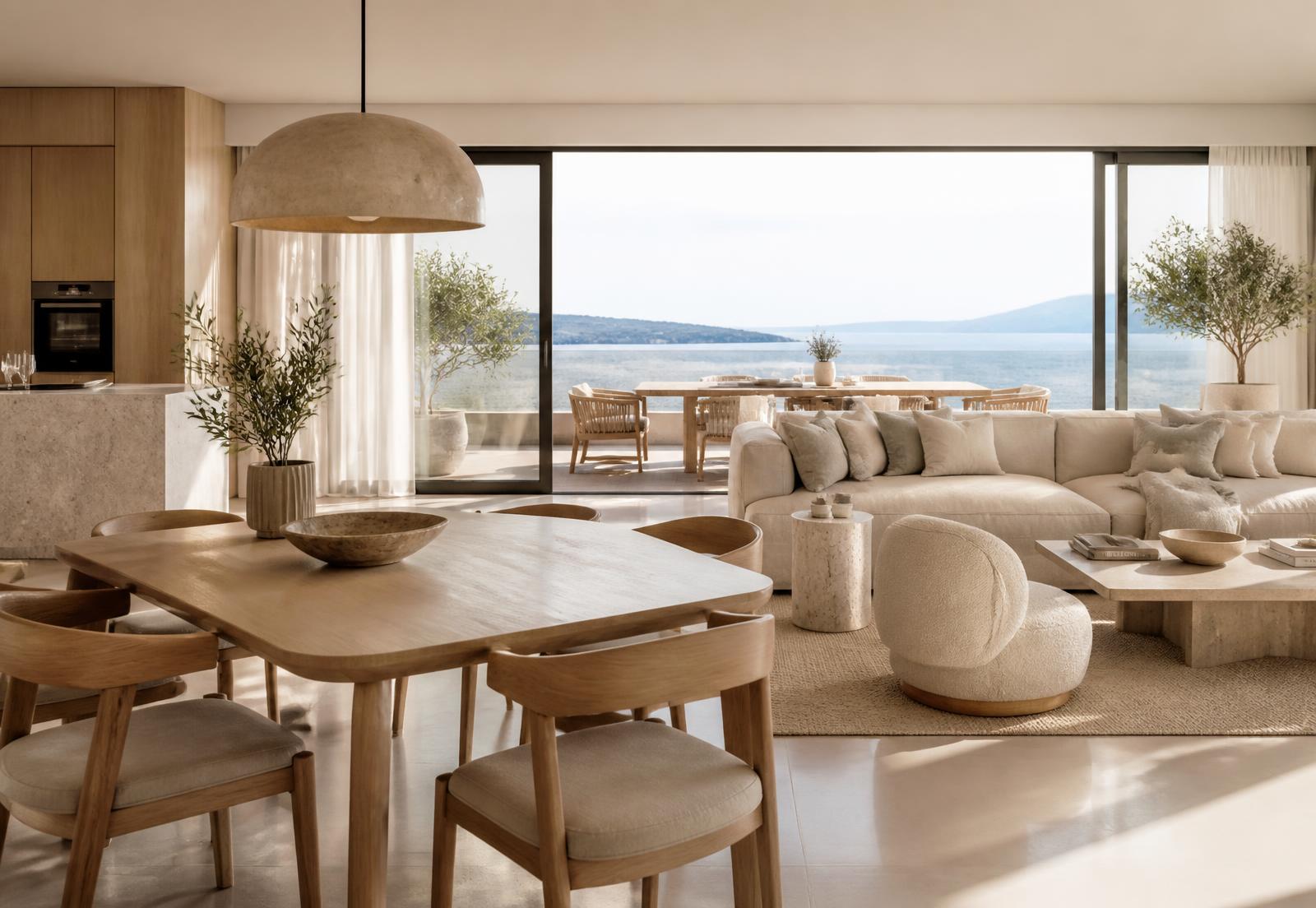 Selma 3 open plan living and dining room in oak and linen opening to a sea-facing terrace